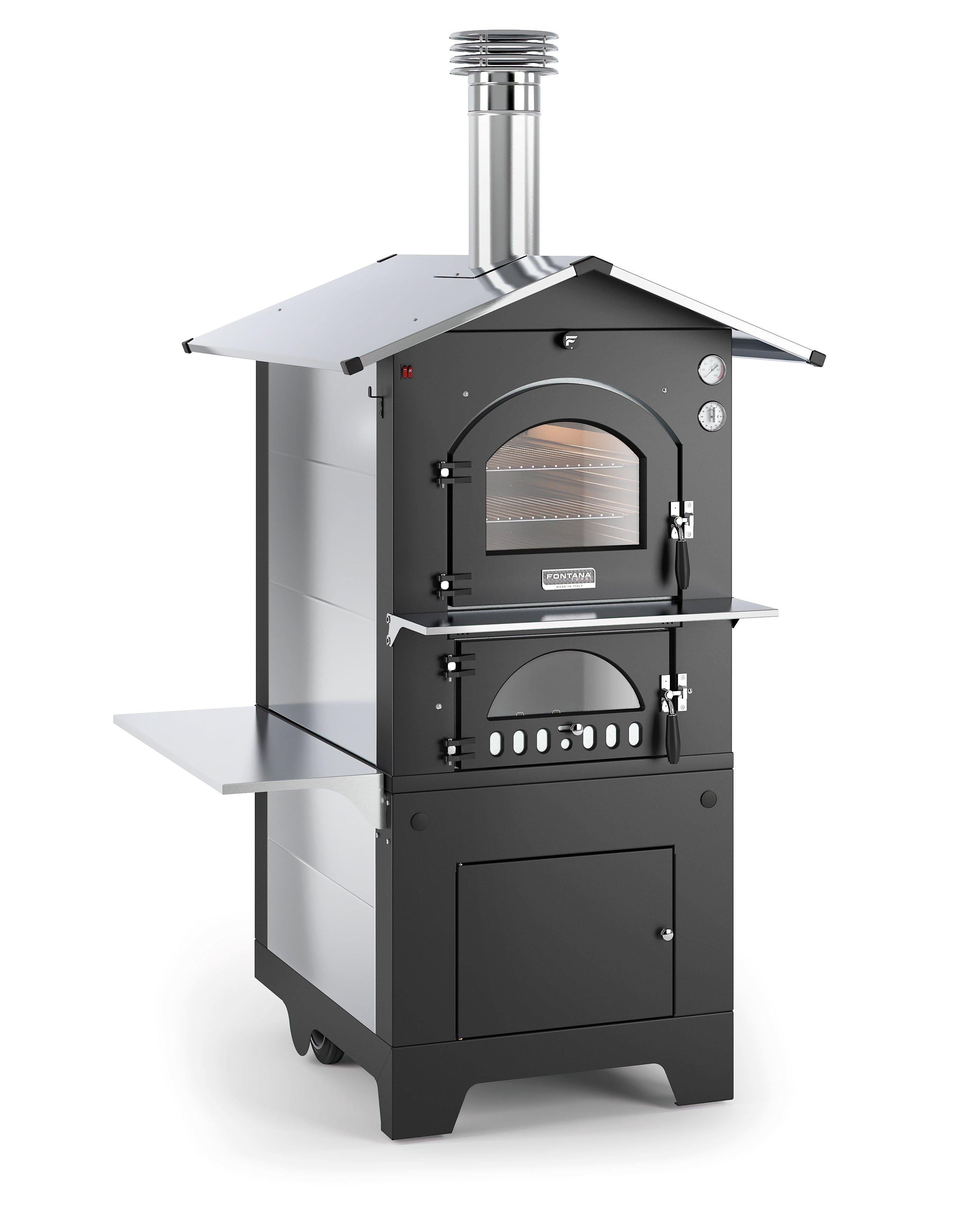 Bakehouse Fontana Gusto made of weatherproof stainless steel, cast iron oven door, indirect firing, three baking levels of 57x45cm each.