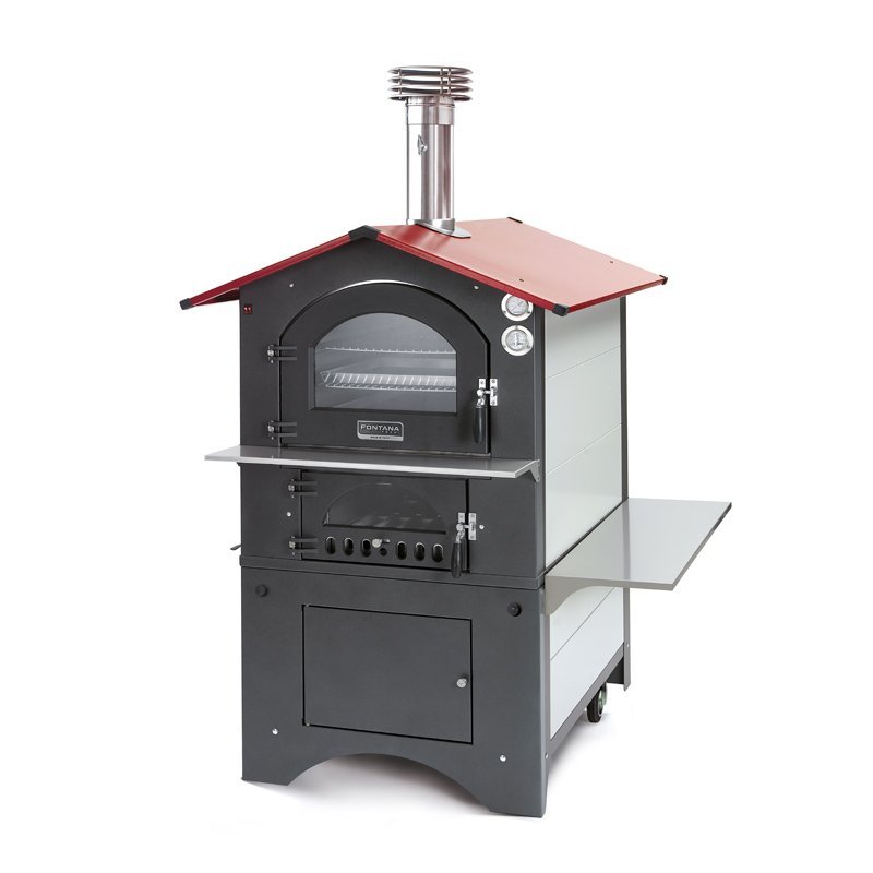 Bakehouse Fontana Gusto Rosso made of weatherproof stainless steel, indirect wood firing, three baking levels of 80x54cm each.