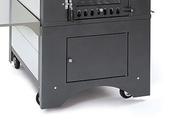 Undercarriage Fontana Pizza Oven Gusto with warming compartment on casters for a mobile bakehouse