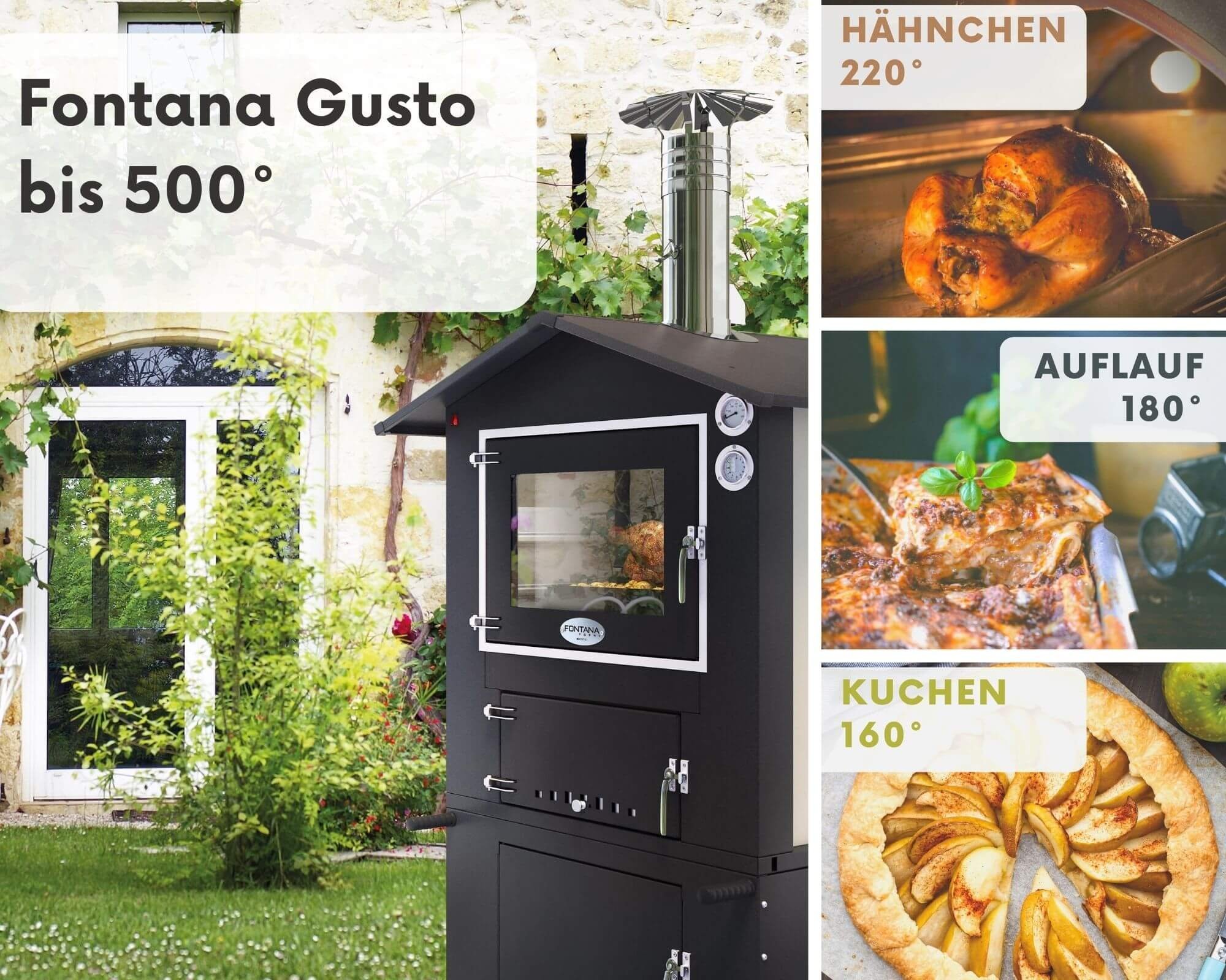 Bakehouse Fontana Gusto made of weatherproof stainless steel, indirect wood firing, three baking levels of 80x65cm each.