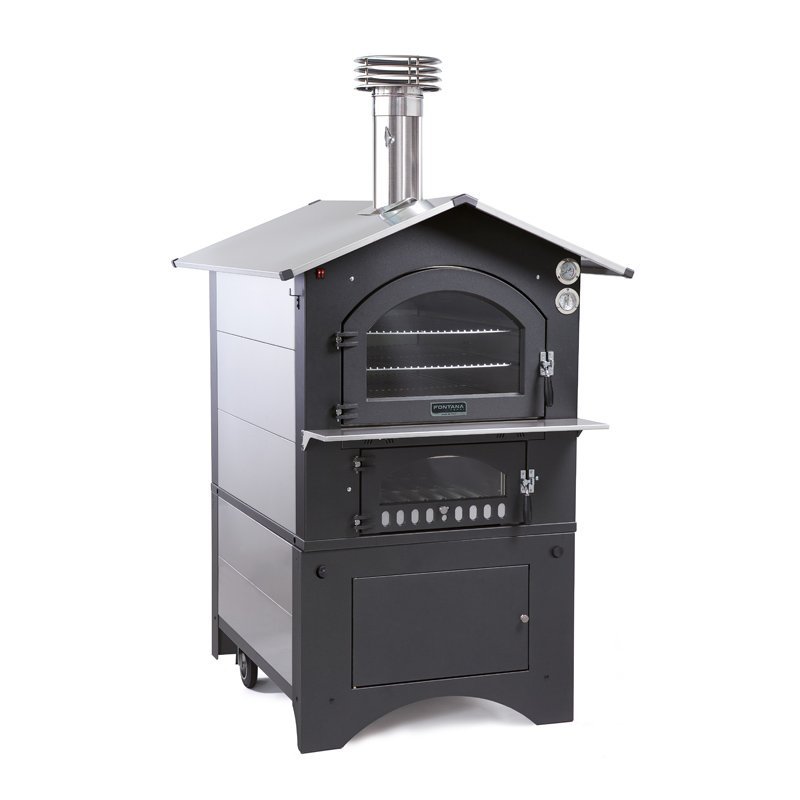 Bakehouse Fontana Gusto made of weatherproof stainless steel, indirect firing, three baking levels of 80x45cm each.