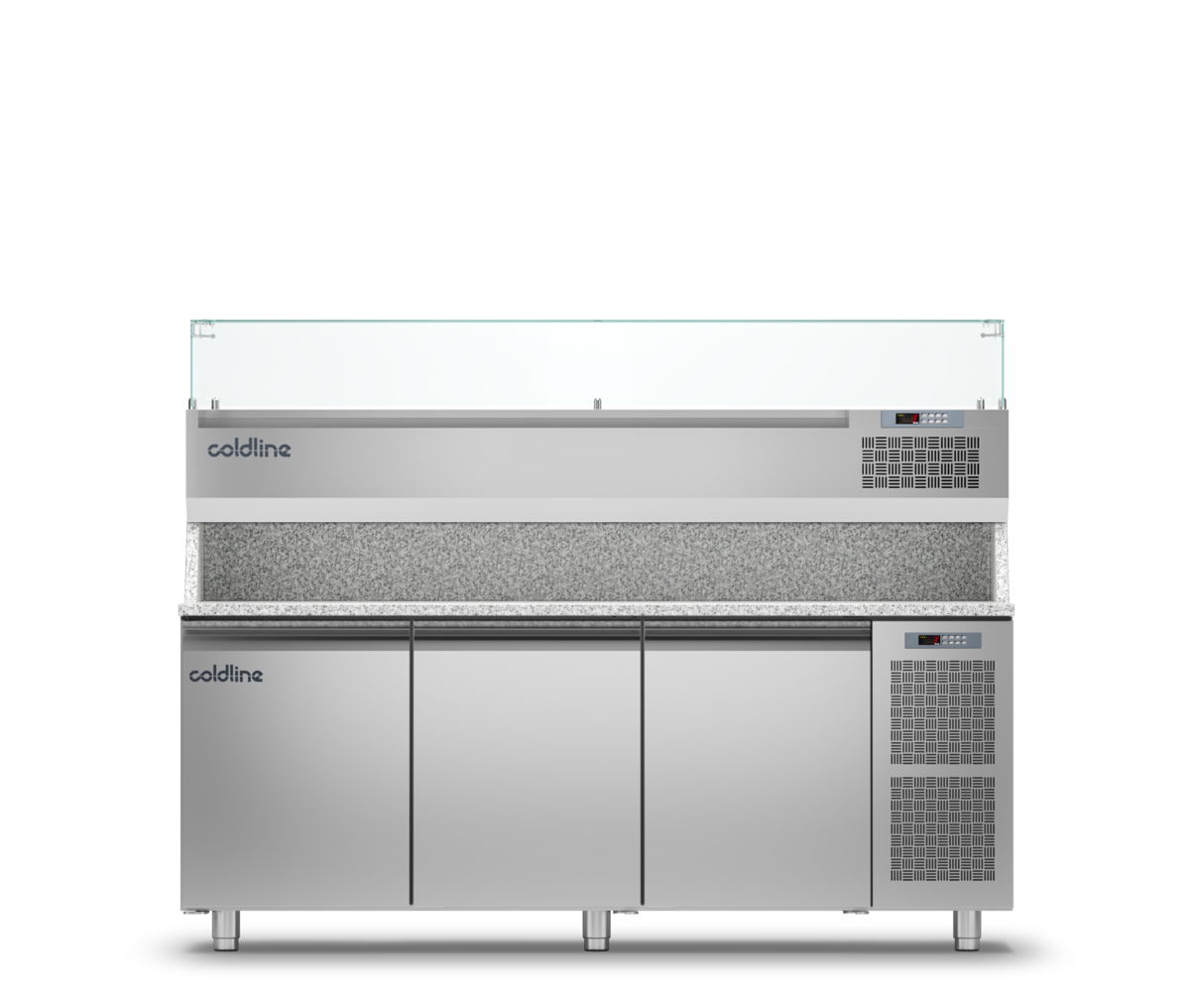 Coldline Kühltheke Pizza mit 3 Türen, Granitplatte und Kühlvitrine 32cm (GN1/4) – Temperaturbereich -2°C bis +8°C – Ideal für Pizzerien und professionelle Küchen