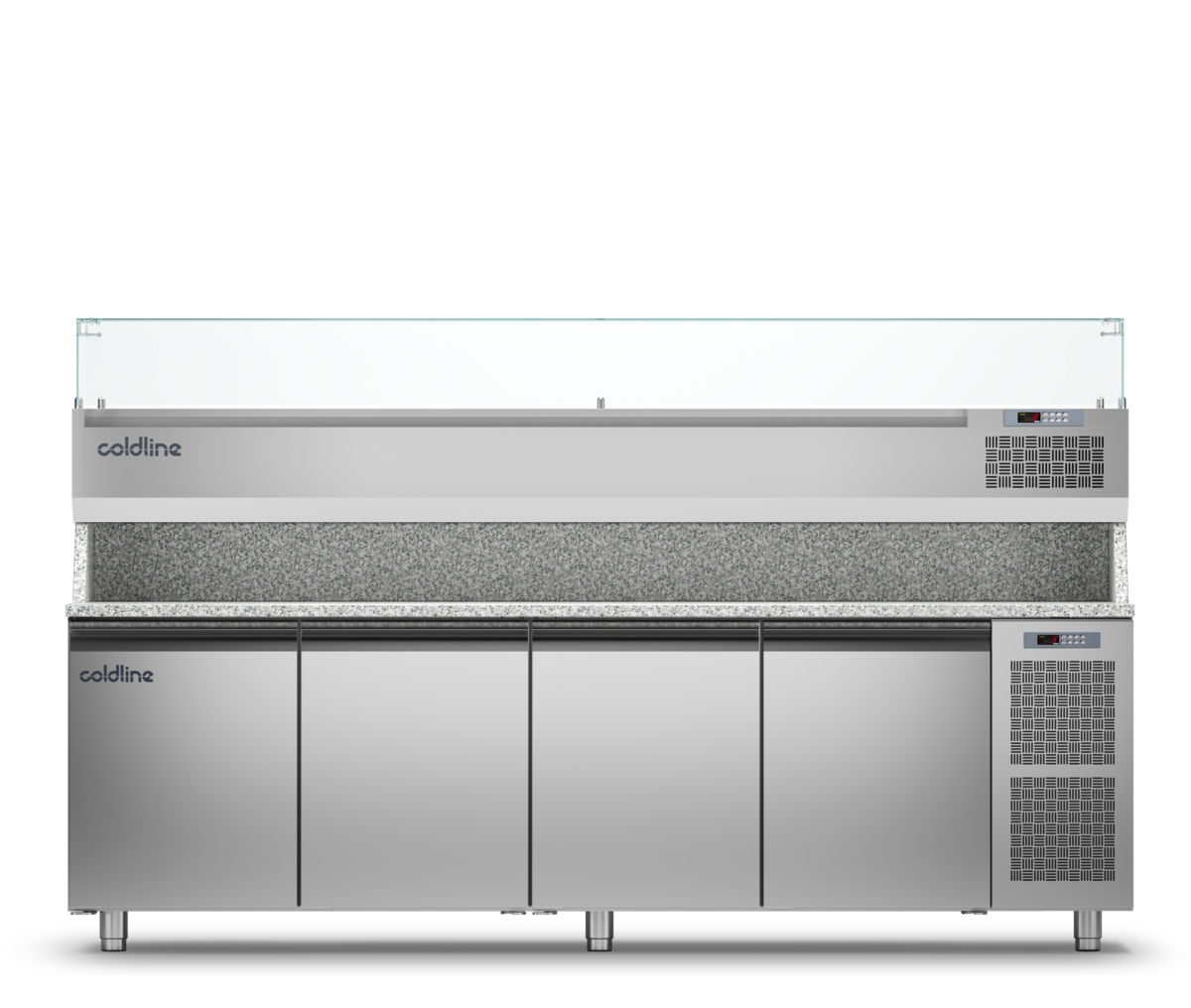 Coldline Kühltheke Pizza mit 4 Türen, Granitplatte und Kühlvitrine 38cm (GN1/3) – Temperaturbereich -2°C bis +8°C – Ideal für Pizzerien und professionelle Küchen
