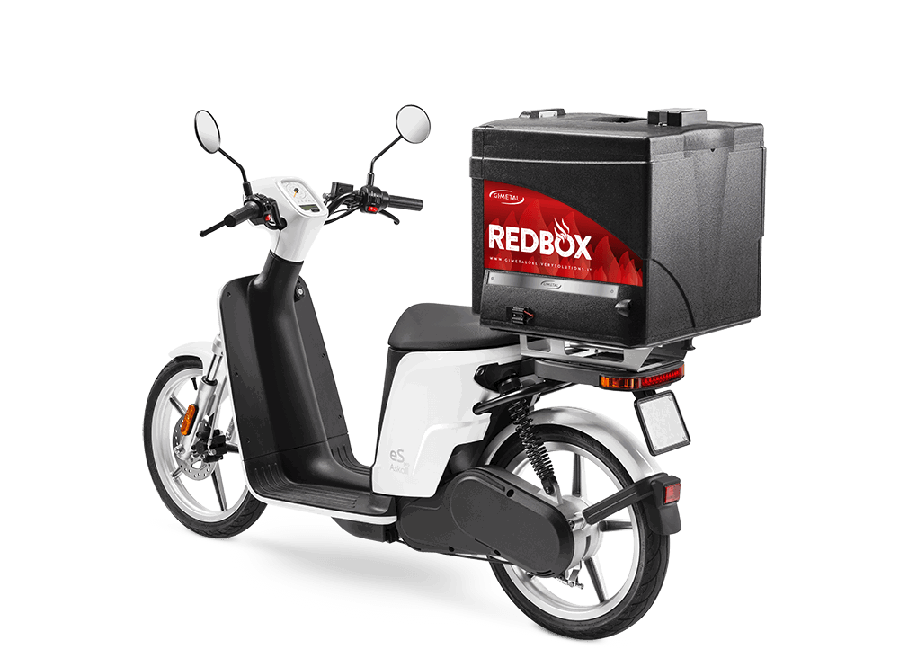 Complete Kit REDBOX 10 - Elektrisch beheizte Lieferbox 40x40x34 cm, 1 kW Akku, Motorraddock und Ladegerät