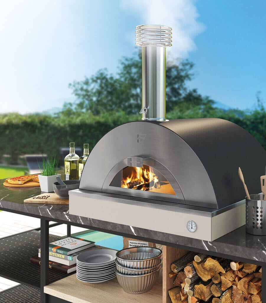 Pizza oven Fontana Bellagio, stainless steel dome oven with wood firing and glass door, tabletop pizza oven